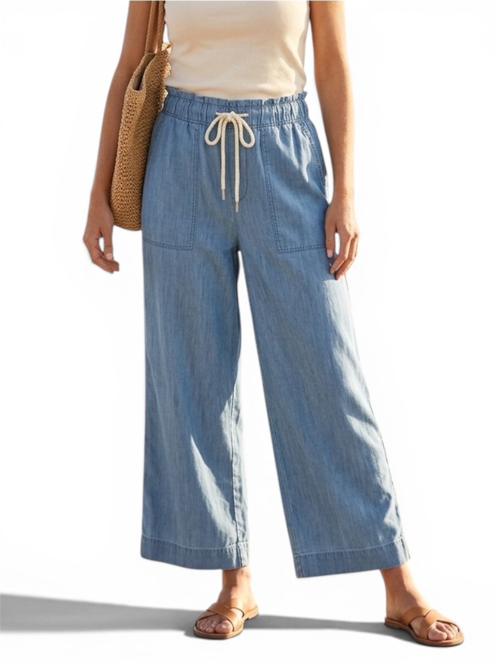 Loft NWT Chambray Paperbag Elastic Waist Wide Leg High Waist Jeans Pants SZ M